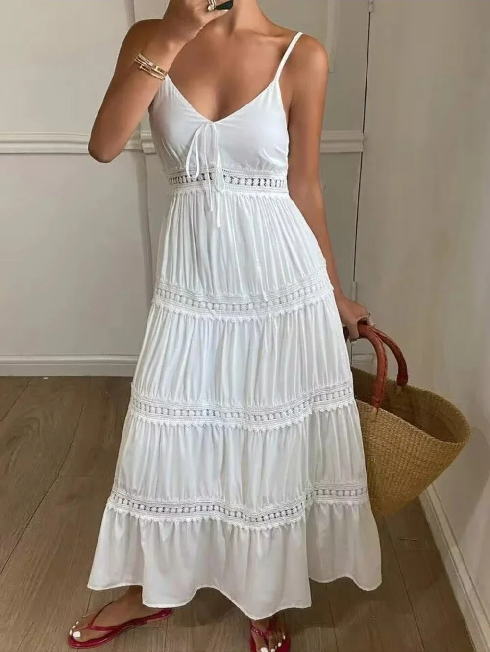 New Flowy Lace Trimmed Tiered Long Cami Dress White - Picture 2 of 9